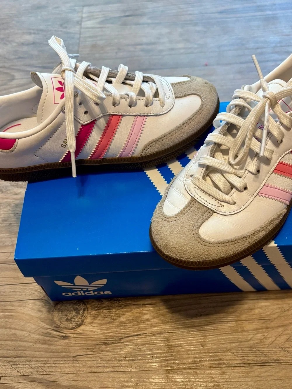 Hard to find adidas Kids Samba Sneakers in White with Pink Stripes